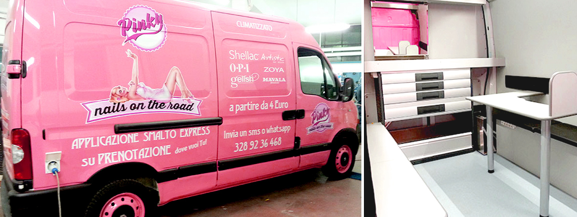 allestimento furgone pinky per applicazione smalto express nails on the road